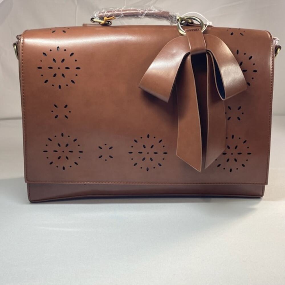 ECOSUSI Vegan Leather Briefcase/Workbag • Brown • Bow • Floral Cutout • NWT